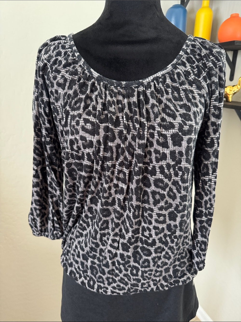 Michael Kors Black and Gray Leopard-Print Long-Sleeve Scoop Neck Top